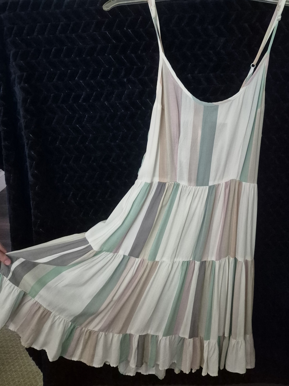 Japna Pastel Stripe Tiered Midi Dress in Mint, Blush, Gray and Cream